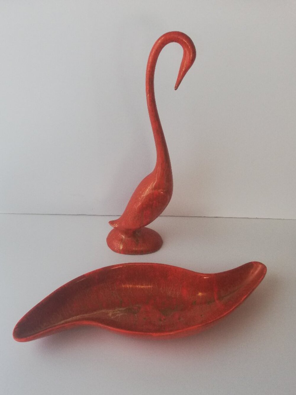 MCM Orange Ceramic Long Neck Bird Statue & Matching Leaf Dish